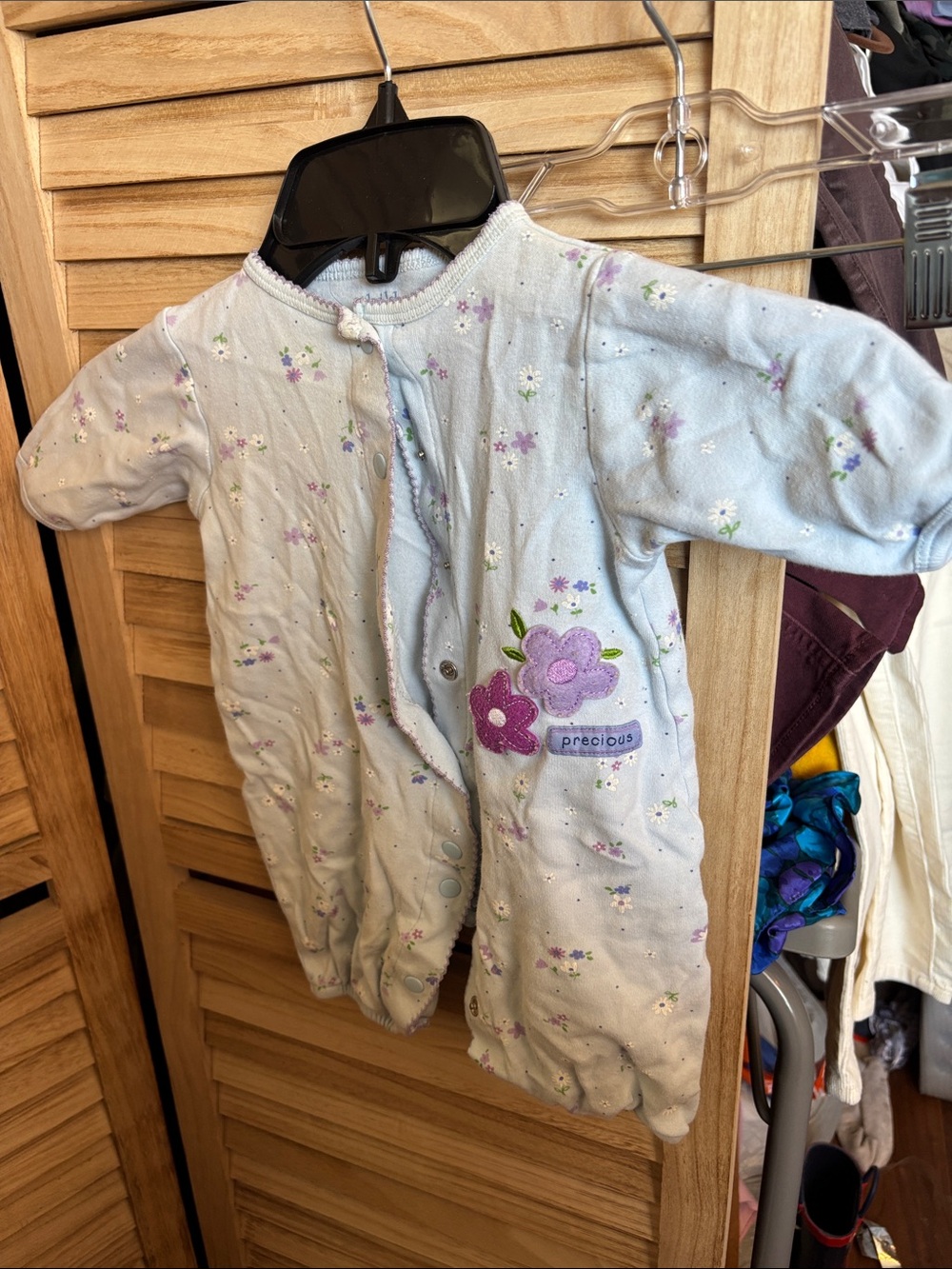 Carter's Light Blue Floral Snap Romper with Purple Trim 0-3 months